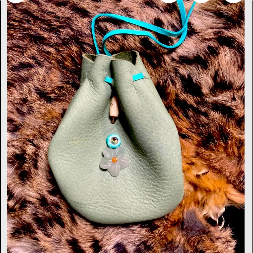 Deer leather beaded flower medicine bag pouch purse wallet opal necklace bone